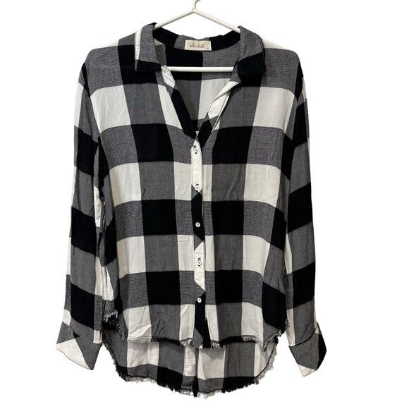 Bella Dahl Black & White Plaid Button Front Blouse Raw Hem Medium 100% Rayon - Picture 1 of 8